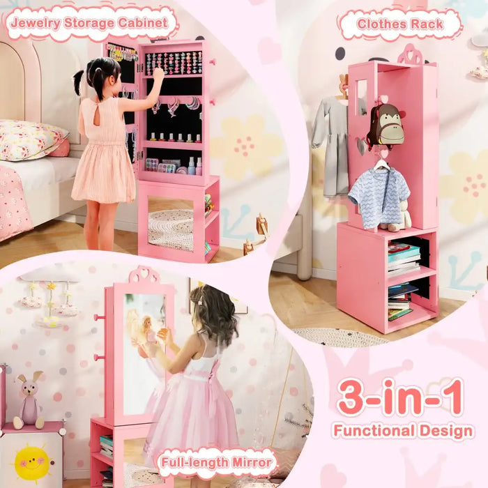 Kids 3-in-1 Jewellery Cabinet - Pink | Heart-Design - Full-Length Mirror COSTWAY - Little and Giant Explorers Costway