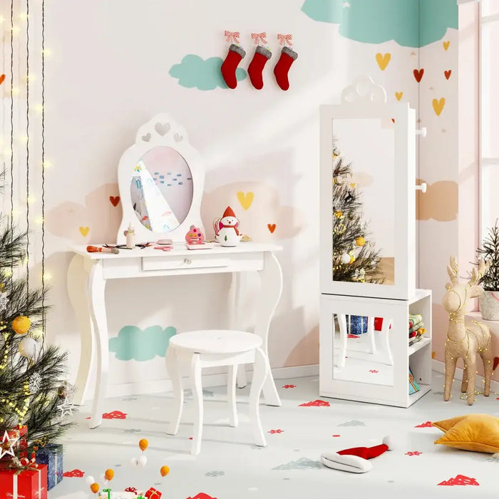 Kids 3-in-1 Jewellery Cabinet - White | Heart-Design - Full-Length Mirror COSTWAY - Little and Giant Explorers Costway