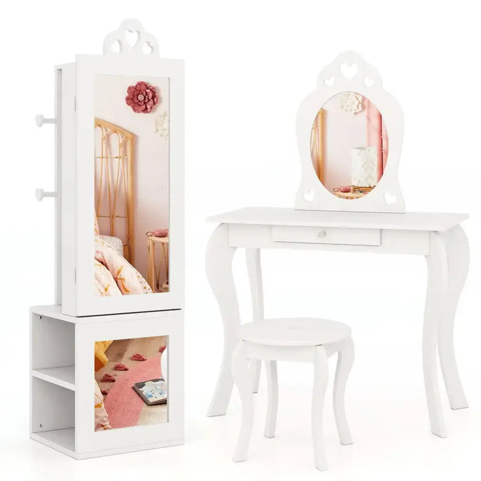 Kids 3-in-1 Jewellery Cabinet - White | Heart-Design - Full-Length Mirror COSTWAY - Little and Giant Explorers Costway