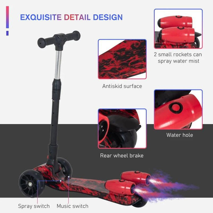 3 Wheel Plastic Scooter with Adjustable Height and Engine-Look Water Spray - Little and Giant Explorers HOMCOM