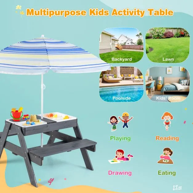 4-in-1 Sand and Water Outdoor Table with Removable Boxes and Umbrella - Little and Giant Explorers Costway