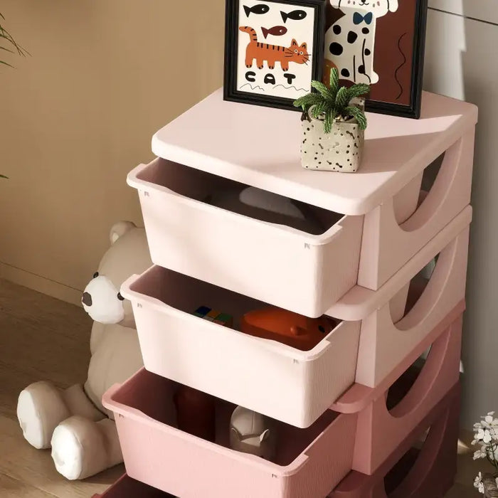 Kids 4-Tier Toy Storage Drawers – Pink | Plastic Unit - Removable Bins HOMCOM - Little and Giant Explorers HOMCOM