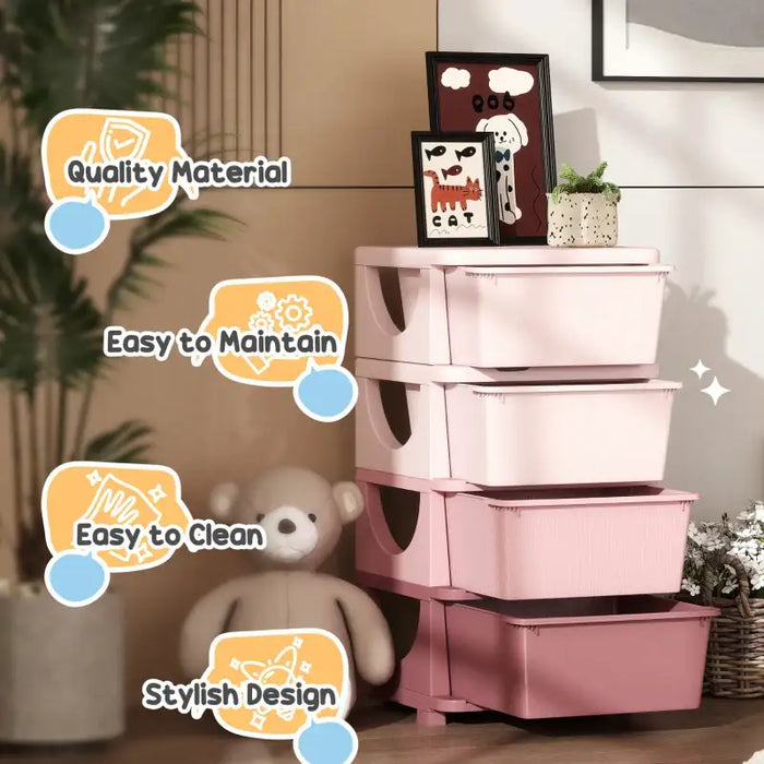 Kids 4-Tier Toy Storage Drawers – Pink | Plastic Unit - Removable Bins HOMCOM - Little and Giant Explorers HOMCOM