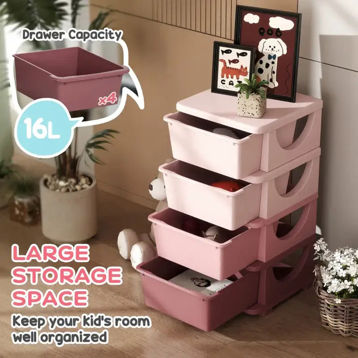 Kids 4-Tier Toy Storage Drawers – Pink | Plastic Unit - Removable Bins HOMCOM - Little and Giant Explorers HOMCOM