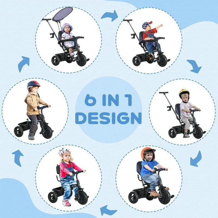 6-in-1 Tricycle with 5-Point Harness Straps and Removable Canopy in Dark Blue - Little and Giant Explorers HOMCOM