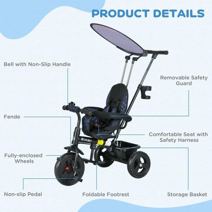 6-in-1 Tricycle with 5-Point Harness Straps and Removable Canopy in Dark Blue - Little and Giant Explorers HOMCOM