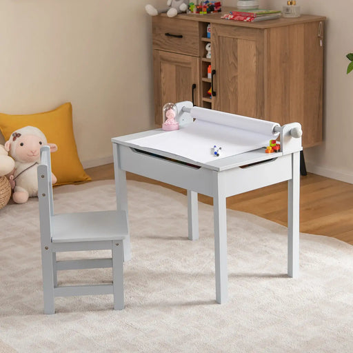 Kids Activity Table and Chair Set – Grey | Flip-Top Desk with Storage and Paper Roll COSTWAY - Little and Giant Explorers Costway