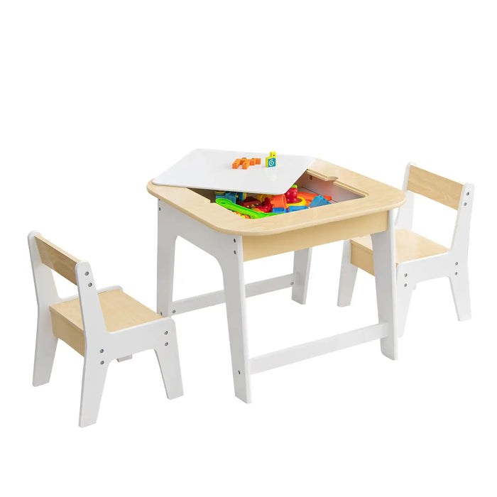 Kids Activity Table and Chair Set – Natural | Double-Sided Desktop with Hidden Storage COSTWAY - Little and Giant Explorers Costway