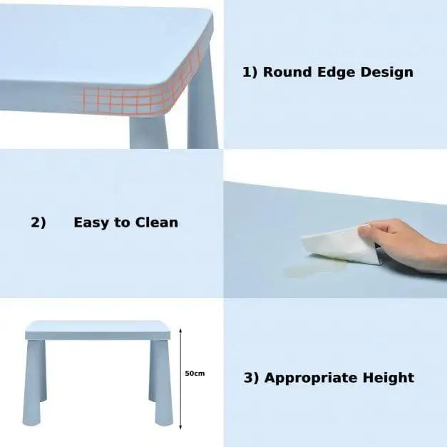 Blue kids activity table with round edges, easy-to-clean surface, and appropriate 50cm height.