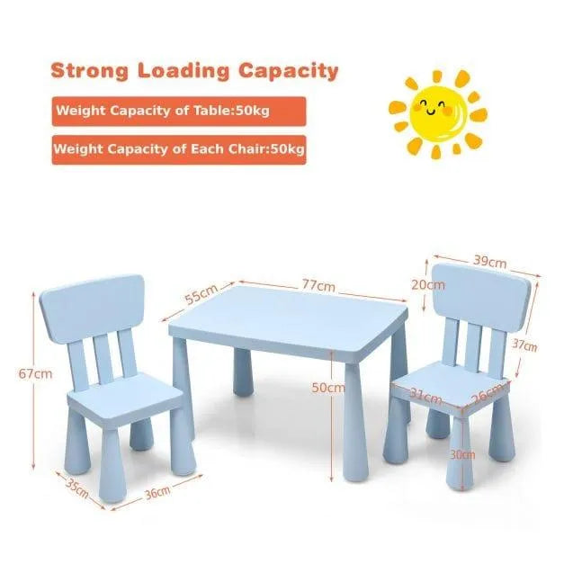Blue kids activity table and chair set with size dimensions and 50kg weight capacity labels.