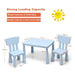 Blue kids activity table and chair set with size dimensions and 50kg weight capacity labels.