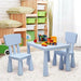 Kids blue activity table and chair set with building blocks in a playroom setting