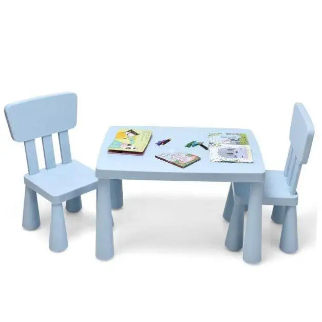 Blue kids activity table and chair set with books and crayons on top