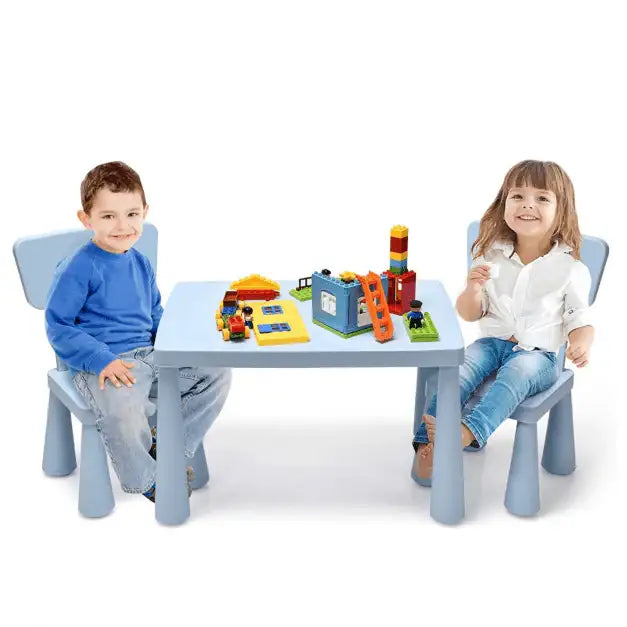 Kids activity table and chair set in blue with children playing building blocks