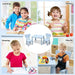 Kids activity table and chair set in blue with children learning, eating, drawing, and playing