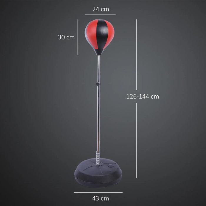 Adjustable red and black punching ball with spring base and height measurements