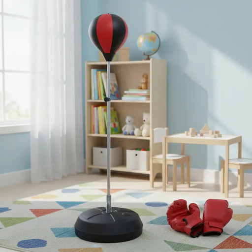 Children's room with red and black punching bag, red boxing gloves, bookshelf and table with wooden blocks