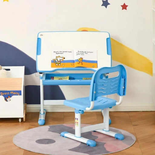 Blue kids adjustable desk and chair set with storage and book, in a colorful room