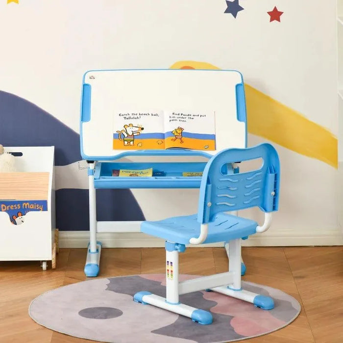 Blue kids adjustable desk and chair set with storage and book, in a colorful room