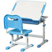 Blue kids adjustable desk and chair set with tilting tabletop and storage shelf