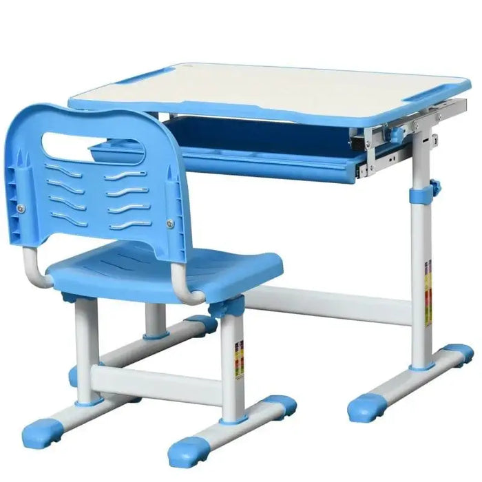 Kids blue adjustable desk and chair set with storage drawer and white tabletop