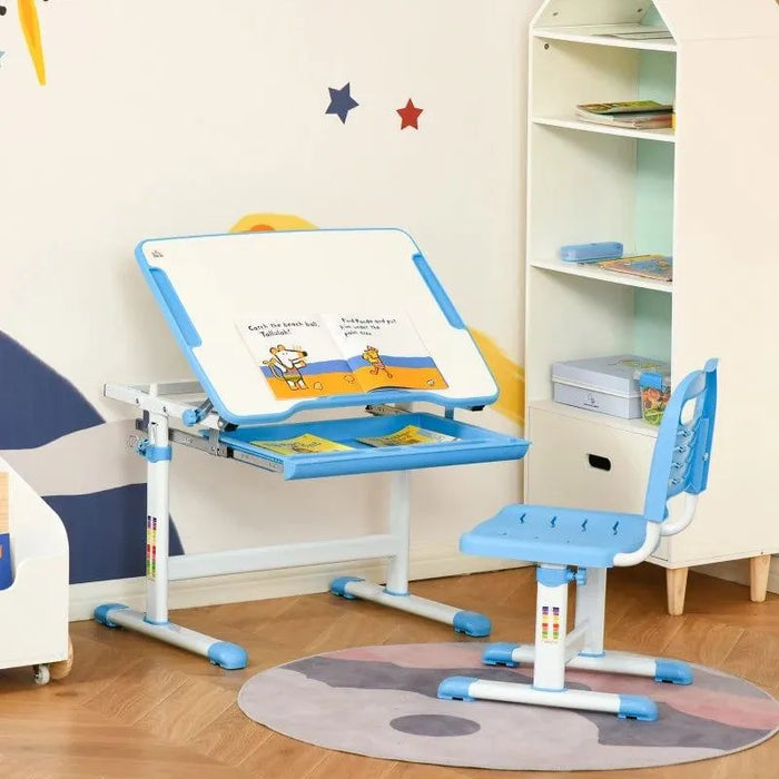 Blue kids adjustable desk and chair set with tilting desk and storage shelves in a playroom