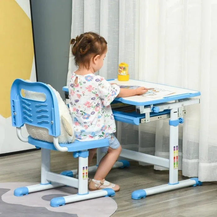 Child using blue height adjustable kids desk and chair set with storage near window