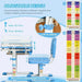 Blue kids adjustable desk and chair set with height charts and storage solutions displayed.