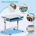 Blue kids adjustable desk with pen slots, drawer, hook, and footrest bar, storage features shown
