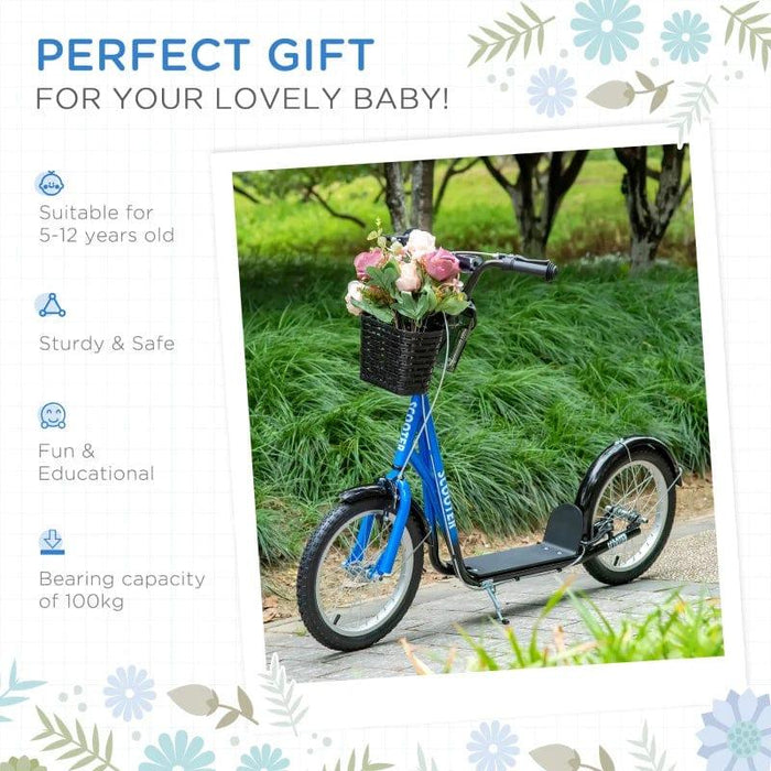 Kids Adjustable Scooter with Inflatable Wheels, Brake, Basket, Cupholder and Mudguard in Blue - Little and Giant Explorers HOMCOM