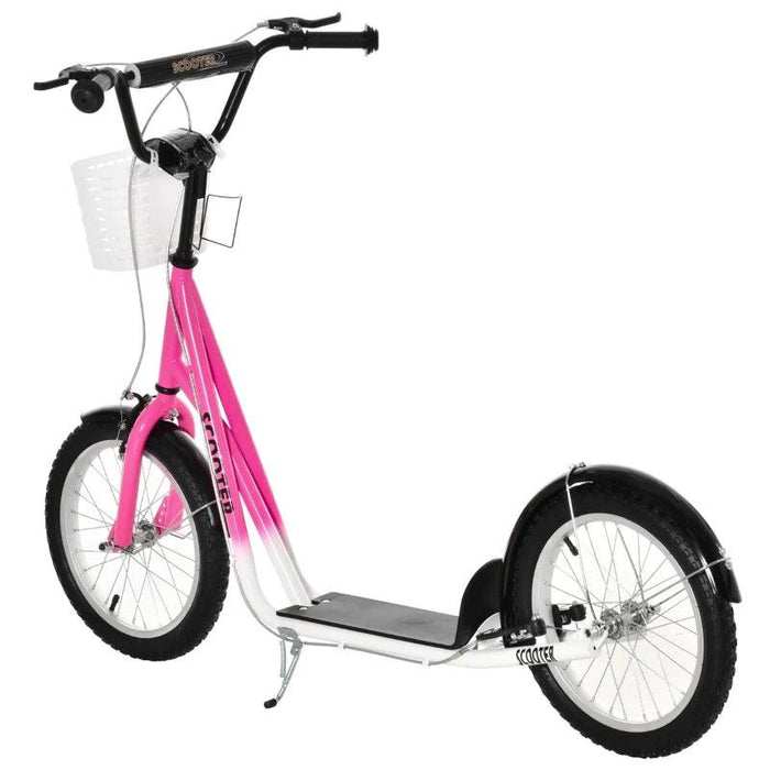 Kids Adjustable Scooter with Inflatable Wheels, Brake, Basket, Cupholder and Mudguard in Pink - Little and Giant Explorers HOMCOM