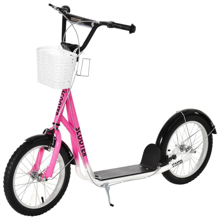 Kids Adjustable Scooter with Inflatable Wheels, Brake, Basket, Cupholder and Mudguard in Pink - Little and Giant Explorers HOMCOM