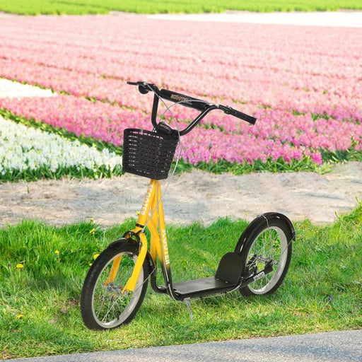 Kids Adjustable Scooter with Inflatable Wheels, Brake, Basket, Cupholder and Mudguard in Yellow - Little and Giant Explorers HOMCOM