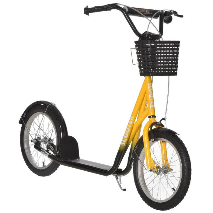 Kids Adjustable Scooter with Inflatable Wheels, Brake, Basket, Cupholder and Mudguard in Yellow - Little and Giant Explorers HOMCOM