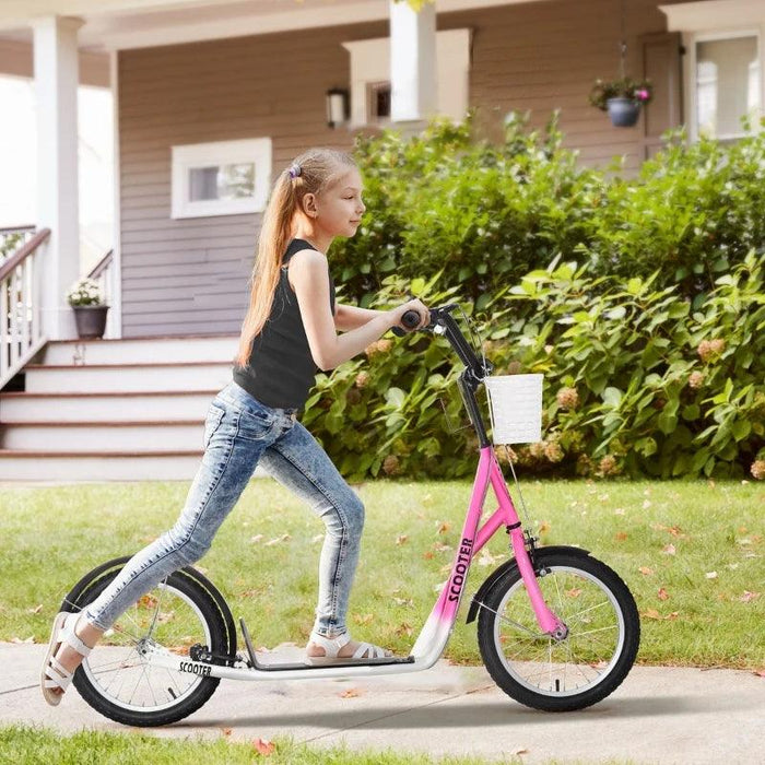 Kids Adjustable Scooter with Inflatable Wheels, Brake, Basket, Cupholder and Mudguard in Pink - Little and Giant Explorers HOMCOM