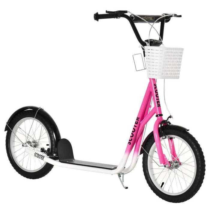 Kids Adjustable Scooter with Inflatable Wheels, Brake, Basket, Cupholder and Mudguard in Pink - Little and Giant Explorers HOMCOM