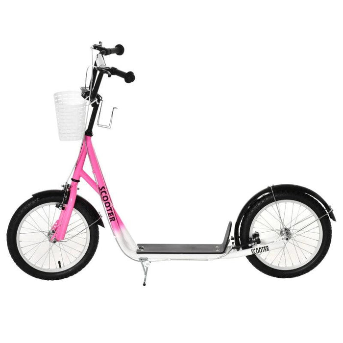 Kids Adjustable Scooter with Inflatable Wheels, Brake, Basket, Cupholder and Mudguard in Pink - Little and Giant Explorers HOMCOM