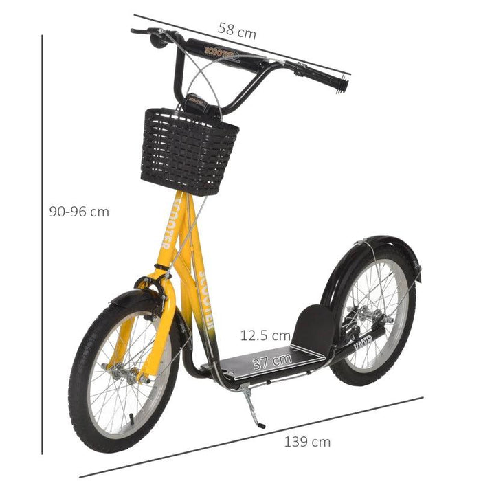 Kids Adjustable Scooter with Inflatable Wheels, Brake, Basket, Cupholder and Mudguard in Yellow - Little and Giant Explorers HOMCOM