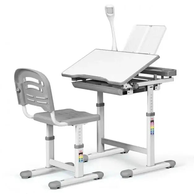 Kids Adjustable Study Desk and Chair Set - Grey | Tilted Desktop and Height Adjustable COSTWAY - Little and Giant Explorers Costway