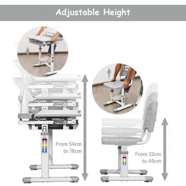 Kids Adjustable Study Desk and Chair Set - Grey | Tilted Desktop and Height Adjustable COSTWAY - Little and Giant Explorers Costway