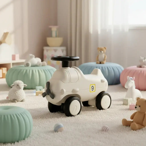 Children's toy car with a steering wheel in a room with colorful cushions and toys