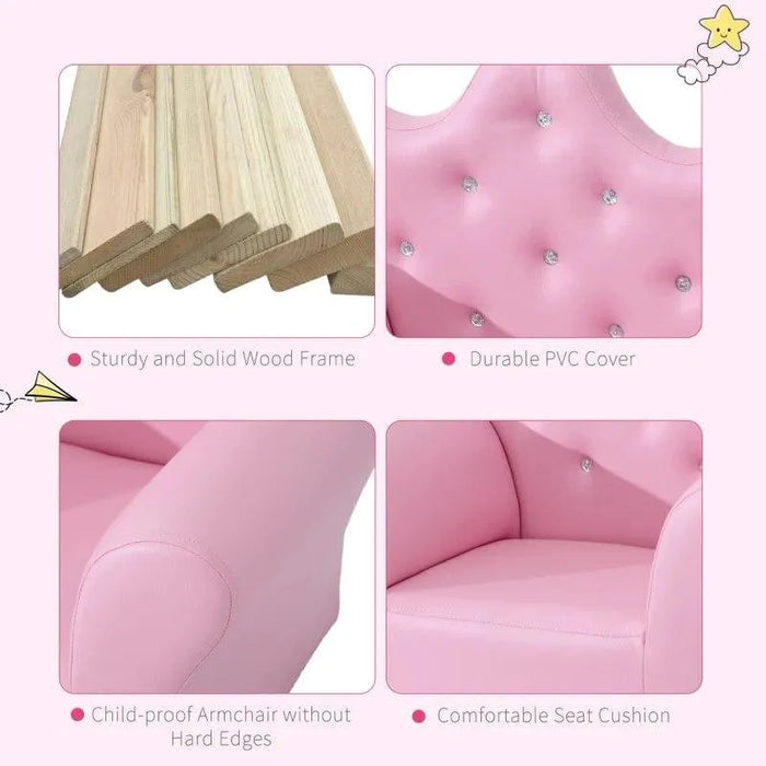 Pink kids armchair features crystal buttons, wood frame, PVC cover, and soft armrests.