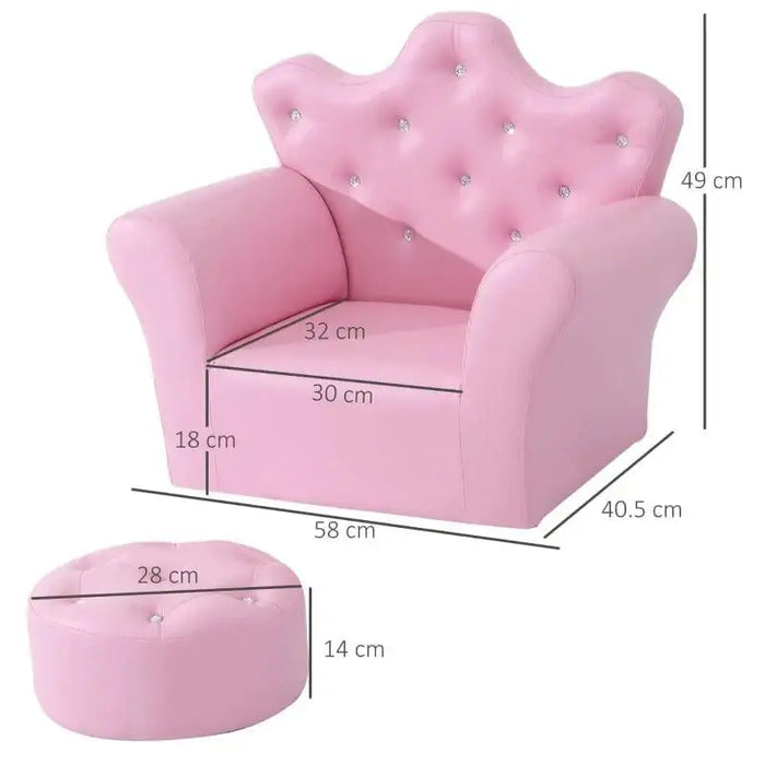 Pink kids armchair with crown-shaped backrest, crystal buttons, and matching footstool, shown with dimensions.