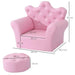 Pink kids armchair with crown-shaped backrest, crystal buttons, and matching footstool, shown with dimensions.