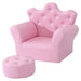 Pink kids armchair with crown-shaped backrest and crystal buttons, matching footstool
