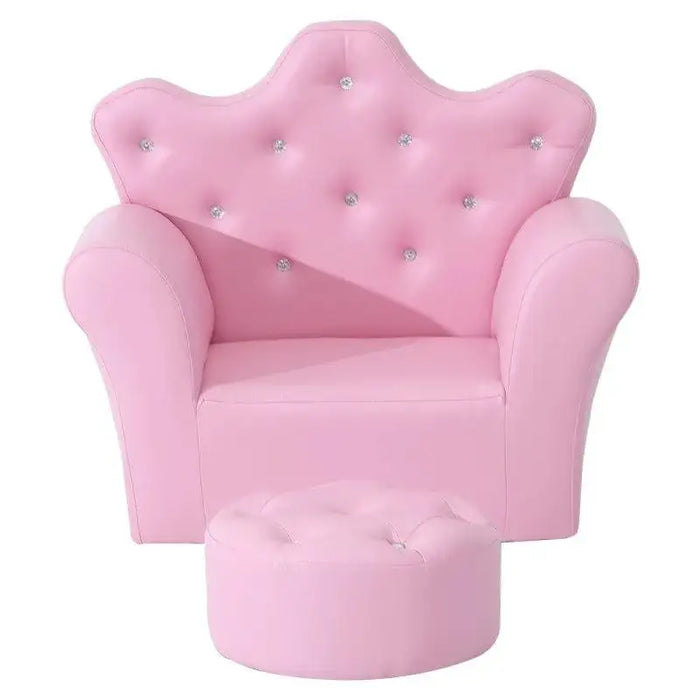 Pink kids armchair with crown backrest, crystal buttons, and matching footstool set