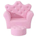 Pink kids armchair with crown backrest, crystal buttons, and matching footstool set