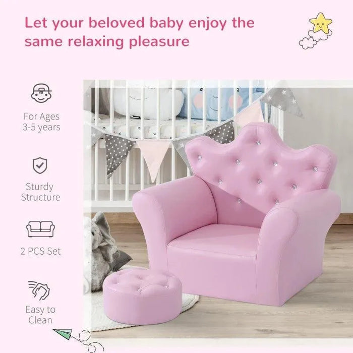 Pink kids armchair with crown backrest and matching footstool, crystal buttons, nursery room