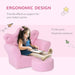 Pink kids armchair with crown backrest, crystal buttons, footstool, and girl drawing