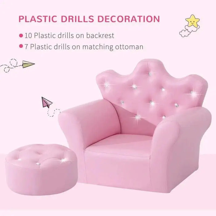 Pink kids armchair with crown backrest, crystal buttons, and matching ottoman set.